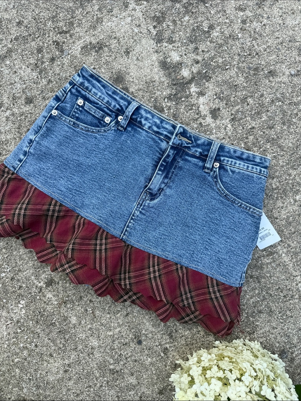 BNWT Jean skort with plaid trim